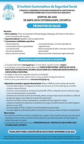 Convocatoria de la plaza: Promotor en Salud para el Hospital en Santa Lucía Cotzumalguapa, Escuintla