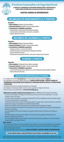 Convocatoria de las plazas: Encargado de Mantenimiento, Mécanico de Calderas y Plomero para el Hospital General de Enfermedades