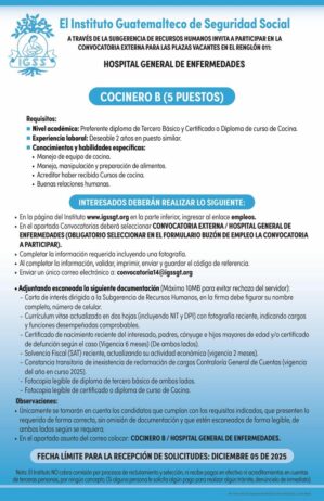 Convocatoria de la plaza: Cocinero para el Hospital General de Enfermedades, Ciudad de Guatemala