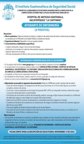 Convocatoria de la plaza: Ayudante de Enfermería para el Hospital de Antigua Guatemala, Sacatepéquez La Capitanía