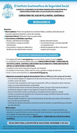 Convocatoria de la plaza: Bodeguero para el Consultorio en Villa Nueva, Guatemala