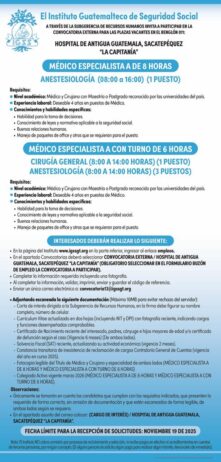 Convocatoria de la plaza: Médico Especialista (Anestesiología) para el Hospital de Antigua Guatemala, Sacatepéquez La Capitanía