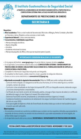 Convocatoria de la plaza: Secretaria para el Departamento de Prestaciones en Dinero, Ciudad de Guatemala