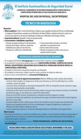 Convocatoria de la plaza: Técnico en Radiología para el Hospital en Patulul, Suchitepéquez