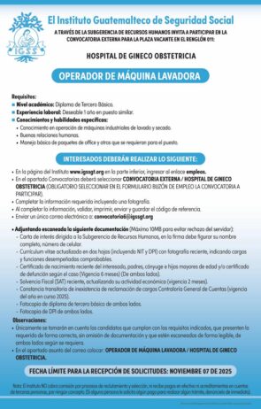 Convocatoria de la plaza: Operador de Máquina Lavadora para el Hospital de Gineco Obstetricia