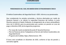 Comunicado: Pensionados del IGSS, recibirán bono extraordinario único