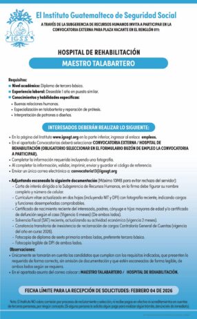 Convocatoria de la plaza: Maestro Talabartero para el Hospital de Rehabilitación, Ciudad de Guatemala