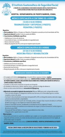 Convocatoria de la plaza: Médicos Especialistas para el Hospital Departamental de Puerto Barrios, Izabal
