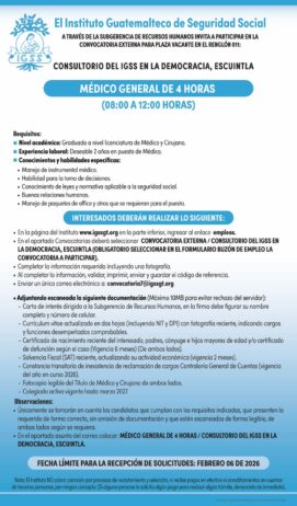 Convocatoria de la plaza: Médico General para el Consultorio en La Democracia, Escuintla