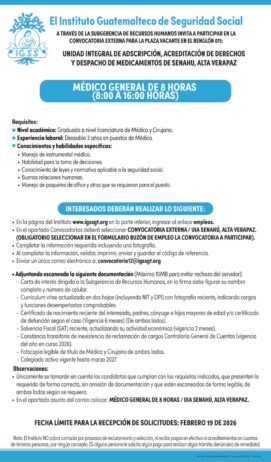 Convocatoria de la plaza: Médico Especialista General para la Unidad Integral de Senahu, Alta Verapaz