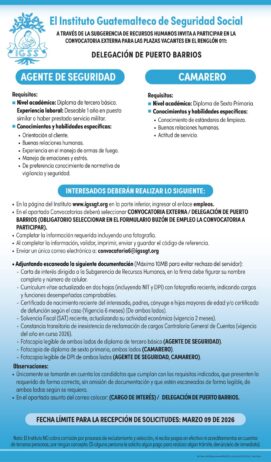 Convocatoria de las plazas: Agente de Seguridad y Camarero para la Delegación de Puerto Barrios