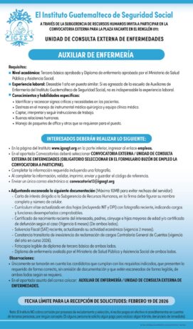Convocatoria de la plaza: Auxiliar de Enfermería para la Unidad de Consulta Externa de Enfermedades