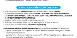 Convocatoria de la plaza: Ayudante de Enfermería para el Hospital de Antigua Guatemala, Sacatepéquez La Capitanía