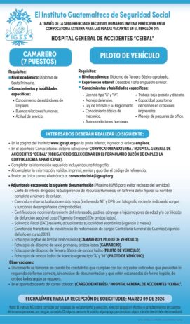 Convocatoria de las plazas: Camarero y Piloto de Vehículo para el Hospital General de Accidentes Ceibal