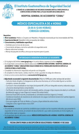 Convocatoria de la plaza: Médico Especialista (Cirugía General) para el Hospital General de Accidentes