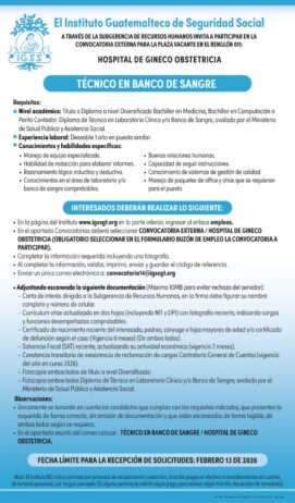Convocatoria de la plaza: Técnico en Banco de Sangre para el Hospital de Gineco Obstetricia