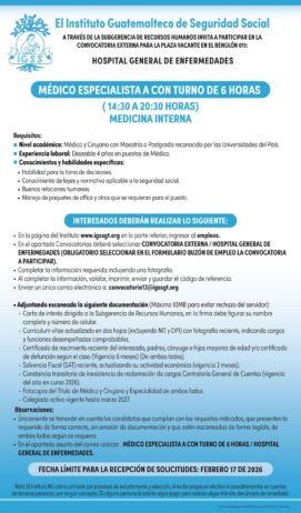 Convocatoria de la plaza: Médico Especialista (Medicina Interna) para el Hospital General de Enfermedades