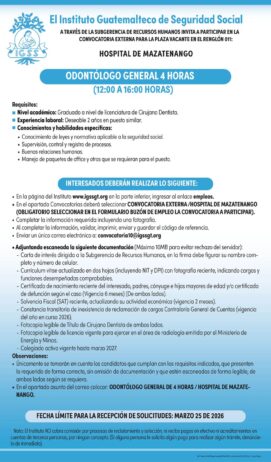Convocatoria de la plaza: Odontólogo General para el Hospital de Mazatenango