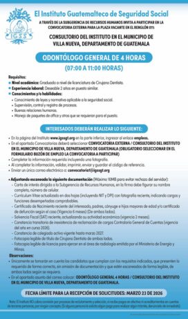 Convocatoria de la plaza: Odontólogo para el Consultorio en Villa Nueva, Guatemala