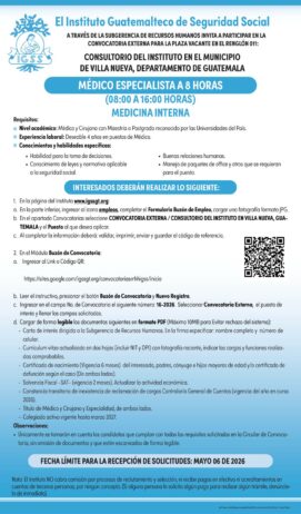 Convocatoria de la plaza: Médico Especialista (Medicina Interna) para el Consultorio en Villa Nueva