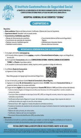 Convocatoria de la plaza: Carpintero para el Hospital General de Accidentes Ceibal