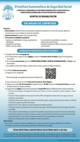 Convocatoria de la plaza: Encargado de Carpintería para el Hospital de Rehabilitación