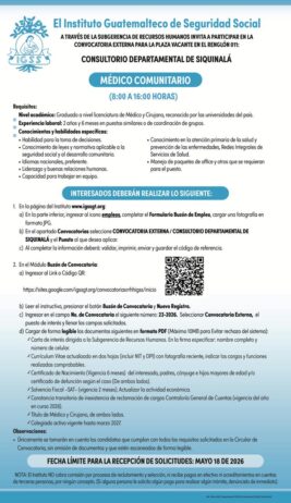 Convocatoria de la plaza: Médico Comunitario para el Consultorio Departamental de Siquinalá, Escuintla