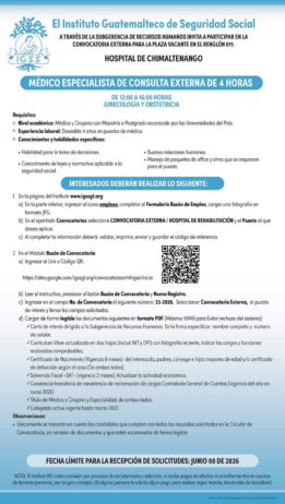 Convocatoria de la plaza: Médico Especialista (Ginecología y Obstetricia) para el Hospital de Chimaltenango
