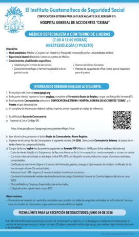 Convocatoria de la plaza: Médico Especialista (Anestesiología) para el Hospital General de Accidentes Ceibal