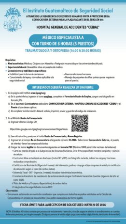 Convocatoria de las plazas: Médicos Especialistas (Traumatología y Ortopedia) para el Hospital General de Accidentes Ceibal