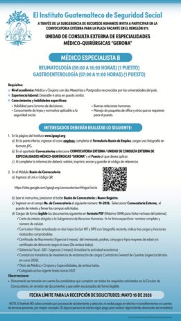 Convocatoria de plazas: Médicos Especialistas (Reumatología y Gastroenterología) para la Unidad de Consulta Externa Gerona