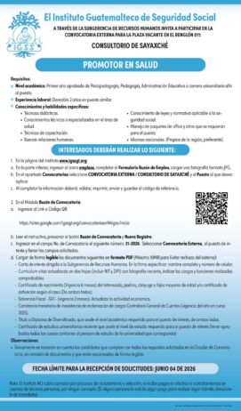 Convocatoria de la plaza: Promotor en Salud para el Consultorio de Sayaxché
