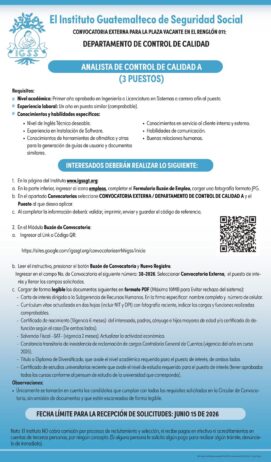 Convocatoria de la plaza: Analista de Control de Calidad A para el Departamento de Control de Calidad