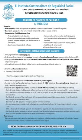 Convocatoria de la plaza: Analista de Control de Calidad B para el Departamento de Control de Calidad