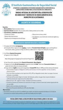 Convocatoria de la plaza: Agente de Seguridad para la Unidad Integral en el Municipio de Acatenango