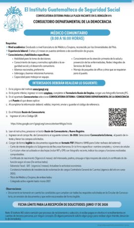 Convocatoria de la plaza: Médico Comunitario para el Consultorio Departamental de La Democracia