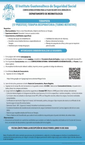 Convocatoria de la plaza: Terapista (Terapia Respiratoria) para el Departamento de Neonatología