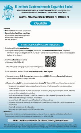 Convocatoria de la plaza: Camarero para el Hospital Departamental de Retalhuleu, Retalhuleu